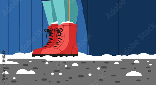 Close-up of vibrant red winter boots standing firmly in fresh white snow on a cold day, perfect for outdoor winter activities and fashion.
