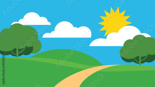 Cartoon nature landscape illustration, rolling green hills, sunny blue sky with trees