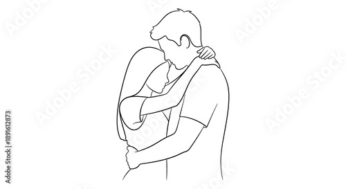 A tender embrace between two figures is depicted in a minimalist line drawing conveying intimacy and connection silhouette high quality