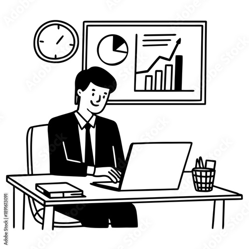 Cartoon illustration of a businessman in a suit working on a laptop with financial charts and growth graphs in an office