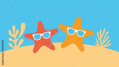 Cheerful orange starfish wearing stylish sunglasses on a sunny beach with coral and clear blue ocean