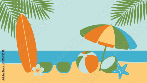 Classic beach scene with surfboard, umbrella, beach ball, and ocean