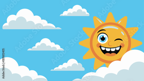 Cheerful winking sun character smiling brightly among fluffy white clouds in a blue sky illustration