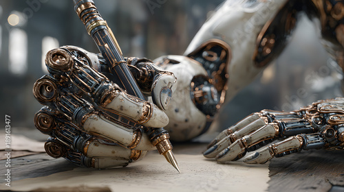 Humanoid robot writing with a pen at a desk, symbolizing artificial intelligence performing human-like tasks. © Prasanth