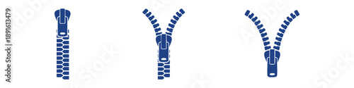 Zipper icons set showing open and closed states with different slider positions. Perfect for fashion, clothing, textile design, UI, apps, and infographics. Available in black, blue, and light blue col
