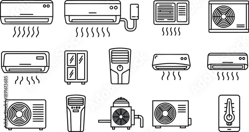 Collection of various air conditioning unit designs and symbols