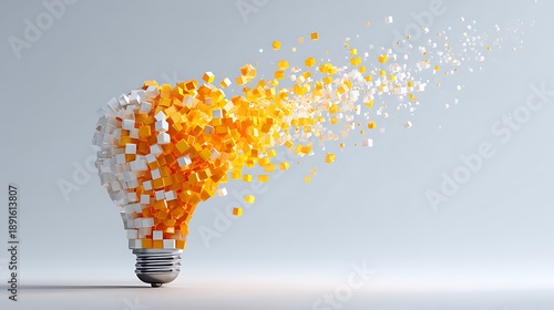 Pixelated Light Bulb Exploding Into Cubes Concept