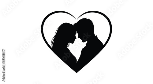 A tender moment captured within a heart shaped frame shows a couple embracing closely presented as a striking silhouette high quality