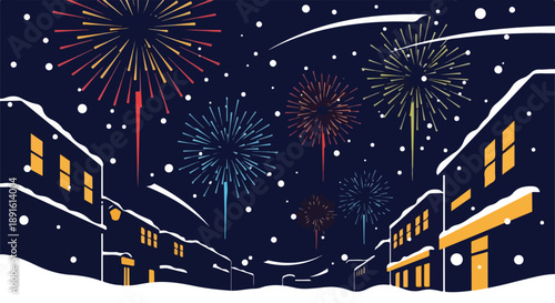Festive fireworks illuminate a snow-covered town street at night, celebrating a winter holiday or New Year's Eve.