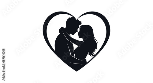 A tender moment is captured within a heart shaped frame showcasing a couple embracing in a dark silhouette high quality professional
