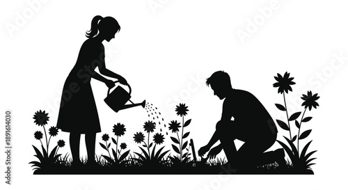 A charming black and white illustration depicts a couple gardening together with a woman watering flowers and a man tending to the plants silhouette
