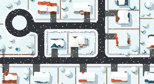 Aerial view of a snowy suburban neighborhood with houses, streets, and falling snow, flat design