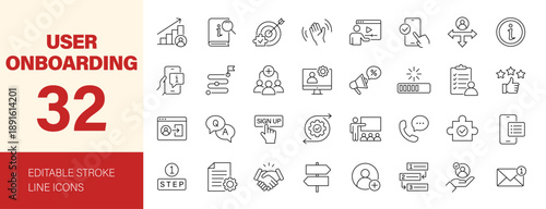 User onboarding icon set. Editable line icons. Vector illustration.