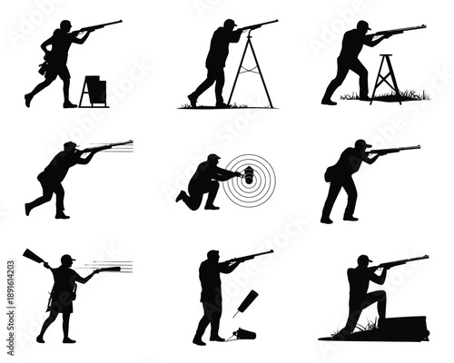 A collection of silhouettes depicting various shooting poses and techniques with rifles and guns.