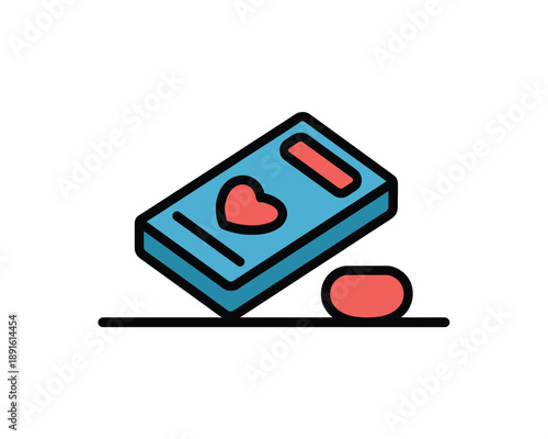 A blue bank card with a red heart on it falling down with a small red pill next to it.