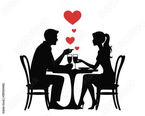 A romantic couple enjoying a dinner date with wine and hearts
