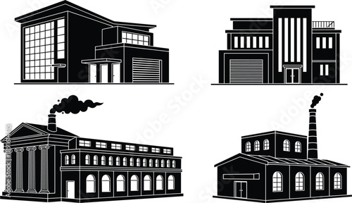 Industrial and commercial building icon set featuring modern factory, warehouse, office, power plant, and manufacturing architecture silhouettes for urban design