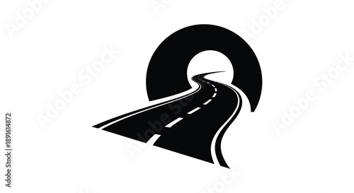 A winding road stretches into the distance beneath a dramatic archway depicted as a striking black silhouette high quality professional