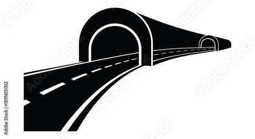 A stark black and white illustration depicts a tunnel entrance with a road leading inside showcasing a dramatic silhouette high quality professional