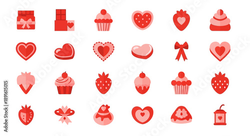 Red Valentines Day icons sweet treats and love symbols flat vector collection for holiday design