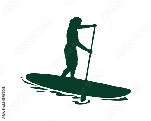 A person enjoys stand-up paddleboarding on calm waters in a serene natural setting.