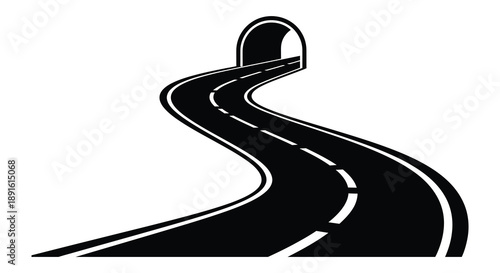 A winding road stretches into a dark tunnel opening depicted in a stark black and white contrasting silhouette high quality professional detailed