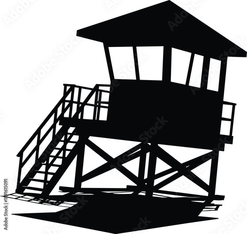 Lifeguard tower silhouette illustration featuring elevated beach watchtower with stairs, coastal safety structure, seaside surveillance, and summer rescue concept