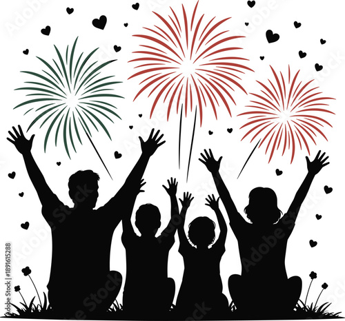 Family celebrating with vibrant fireworks display at night