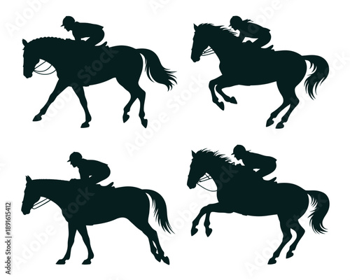 A set of black silhouettes depicting horse riders in various dynamic poses on horseback