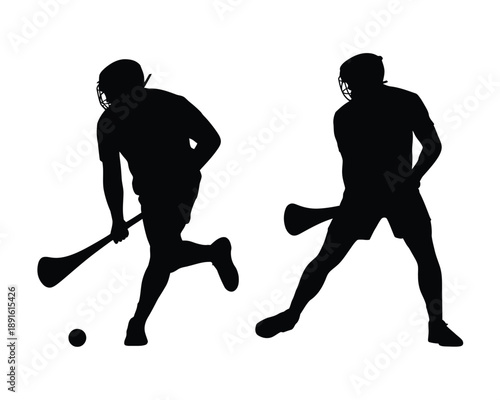 Two silhouetted men playing field hockey on a white background