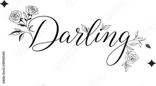 Elegant "Darling" Typography with Floral Roses and Leaves- Minimalist Line Art.