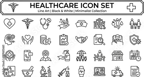 Healthcare Line Icon Set – Medical, Hospital, Insurance and Wellness Vector Collection