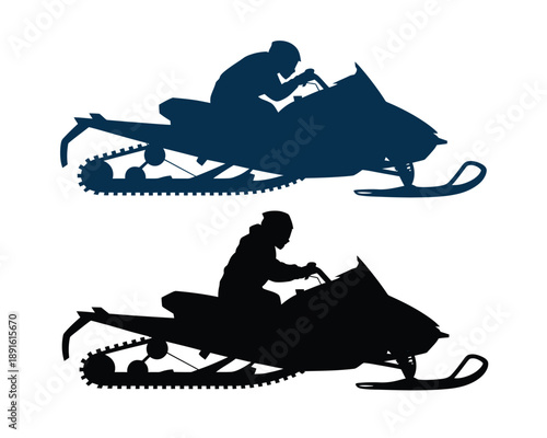 Two snowmobiles with riders in silhouette on a white background