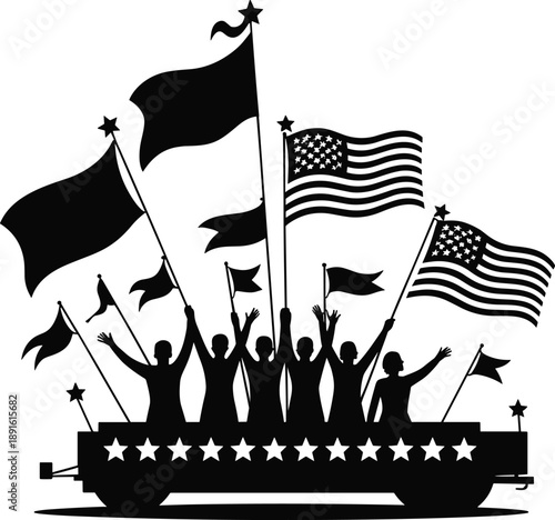 Patriotic group celebrating with American flags on a tank