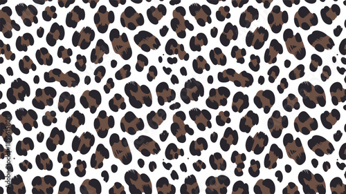 Seamless pattern of dark brown leopard spots contrasted sharply against a clean white background creating a striking animal print texture for fashion.
