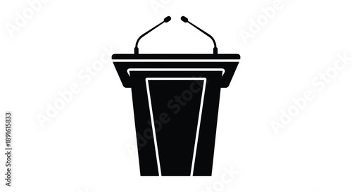 A stark black silhouette depicts a classic podium with two microphones commonly used for public speaking and presentations silhouette