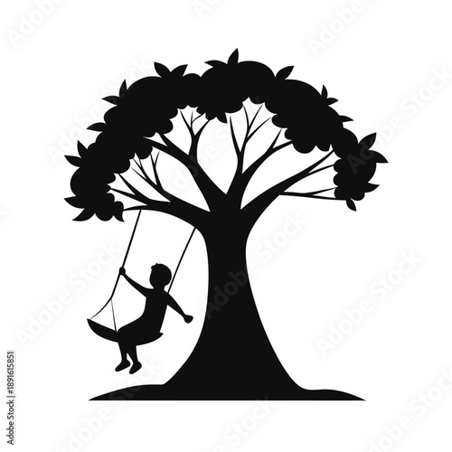 Child enjoying swing under tree happiness and carefree moment On white Background Line Art Vector illustration