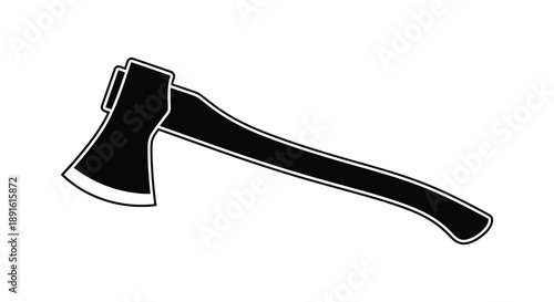 A stark black silhouette of a traditional felling axe lies diagonally on a white background showcasing its sharp blade and handle silhouette