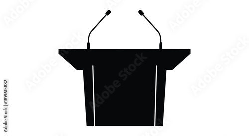 A stark black silhouette of a podium with two microphones stands prominently against a bright white background silhouette high quality