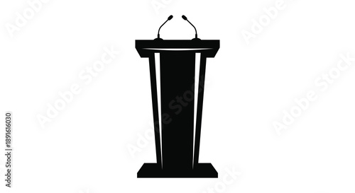 A stark black silhouette depicts a classic podium with two microphones commonly used for public speaking and presentations silhouette