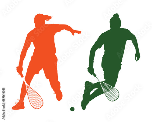 Two players in action, engaged in a competitive game of squash with rackets and ball on a clean court