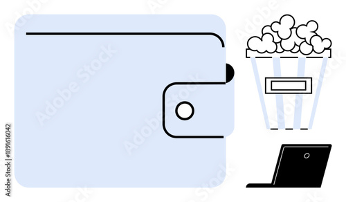 Digital transactions, e-payments, online purchases, entertainment access, movie streaming, financial technology. A wallet, popcorn bucket and laptop. Digital transactions and online purchases