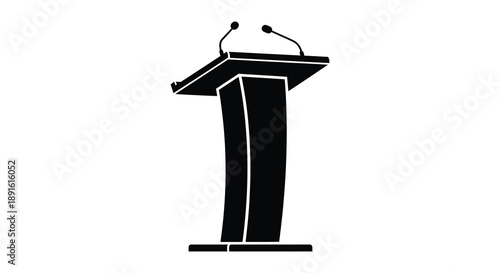 A stark black silhouette of a wooden podium with two microphones positioned for a speaker conveying authority and presentation