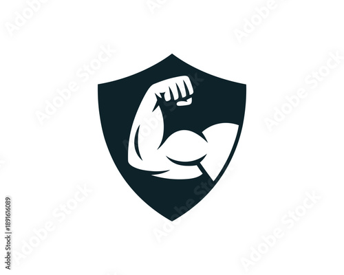 A strong muscular arm flexing inside a shield emblem on a white background