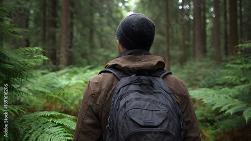 Wallpaper Mural Back turned a lone hiker with a backpack ventures through a dense green forest surrounded by ferns and tall trees under natural light Torontodigital.ca
