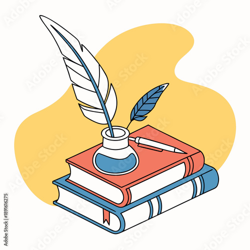 Vintage quill pen and inkwell on stack of old books isolated on transparent background.svg	Vintage quill pen and inkwell on stack of old books isolated on transparent background	Illustration of a quil