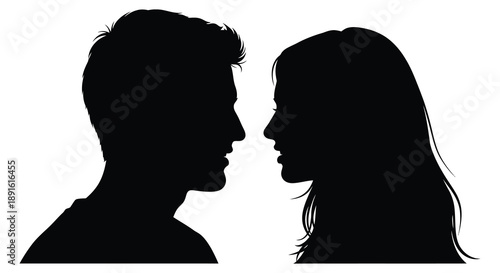 A striking black profile image depicts a man and a woman facing each other in close proximity a bold silhouette
