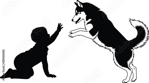 Black silhouette of a young child kneeling and reaching out to play with a jumping Siberian Husky dog, minimalist flat vector illustration.