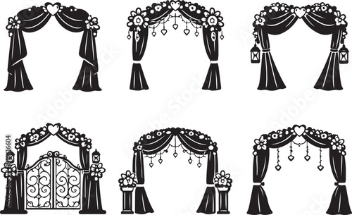 Elegant wedding and event arch silhouette collection with floral and heart decorations isolated on white background, illustration
