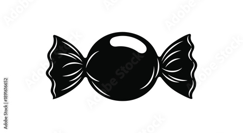 A striking black silhouette depicts a wrapped hard candy with decorative twisted ends evoking a nostalgic feel silhouette high quality